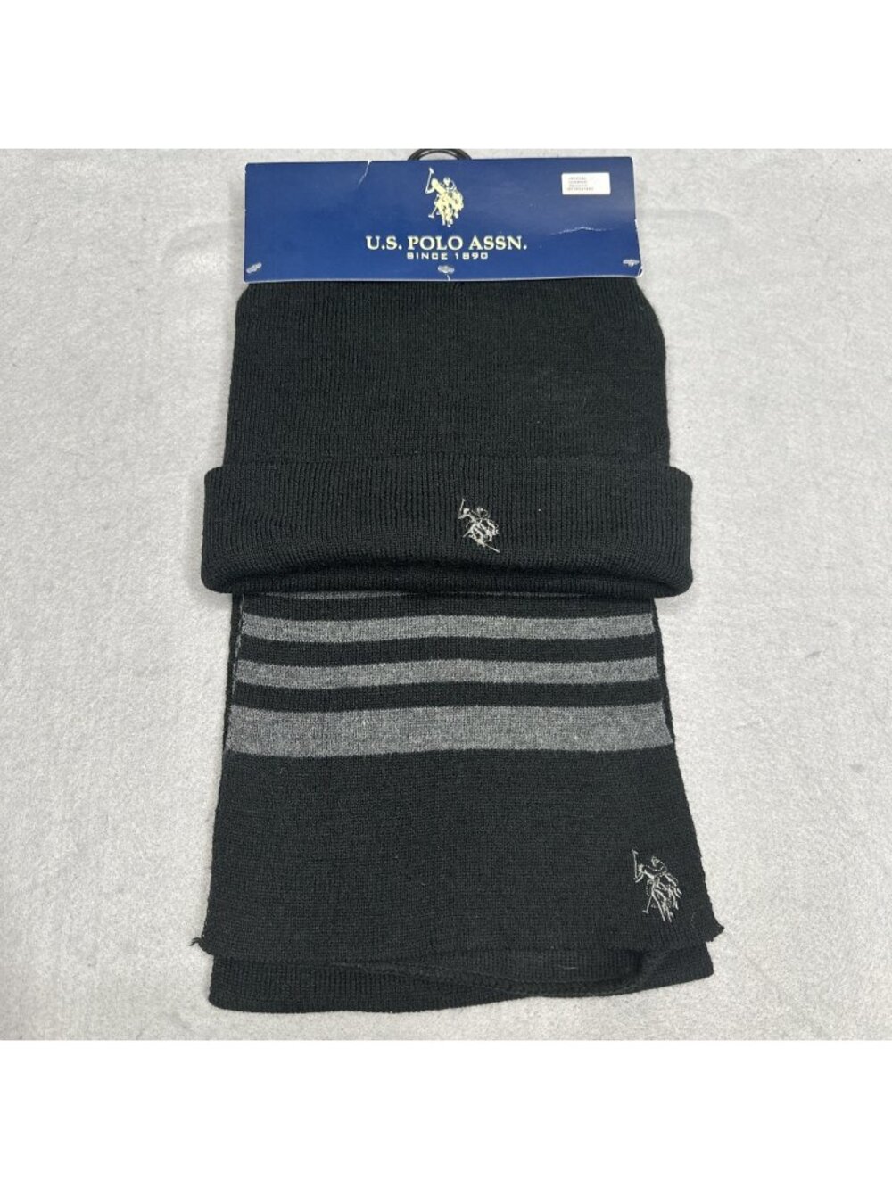 US Polo Assn One Size Beanie Scarf Set Black Knit Winter Hat Glove Set Warm Gift